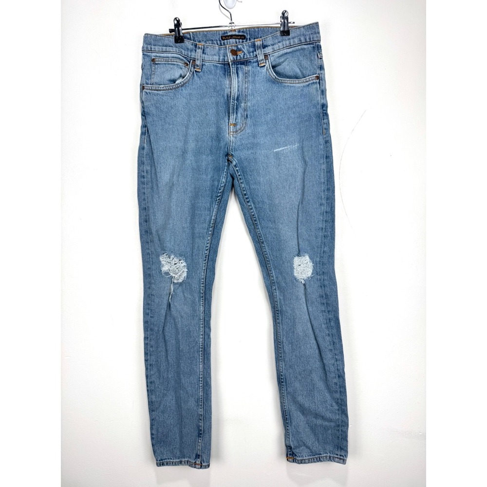 Nudie Jeans Lean Dean‎ Well Worn Distressed Holes Blue Denim Stretch Men 32x32